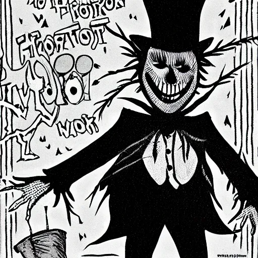 Image similar to a Pop Wonder scary horror themed goofy-hilarious-character Jack-Frost-Babadook-scarecrow-madhatter-williewonka-wearing a scarf, 3-piece-suit, dime-store-comic drawn with charcoal and pen and ink, half-tone-line-stacking