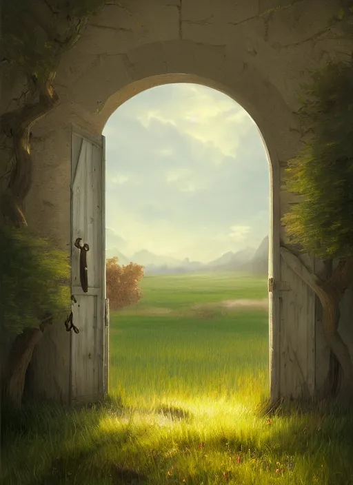 Image similar to a painting of an open door in the middle of a field, a detailed matte painting by the mazeking, featured on cgsociety, fantasy art, matte painting, concept art, deviantart