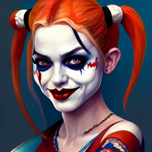 Image similar to Character Portrait of Harley Quinn, face, fantasy, intricate, elegant, highly detailed, digital painting, artstation, concept art, smooth, sharp focus, illustration, art by Cynthia Shephard and Fernanda Suarez and Artem Demura and alphonse mucha