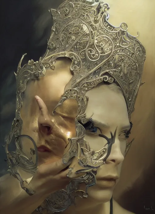 Prompt: highly detailed oil painting | very intricate | cinematic lighting | award - winning | the train mask by alexander mcqueen | by roberto ferri, by leng jun, by j. c. leyendecker and klimt, american romanticism, by austin osman spare, artstation, cgsociety, official art, octane