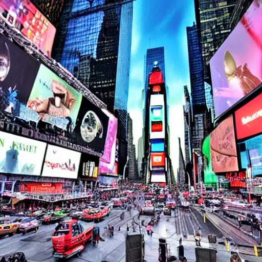 Image similar to alien spacecraft in times square, highly detailed, realistic photo