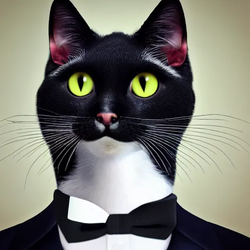 Image similar to cat in suit, irti funny picture, 3 1 5 2 tags cat head, suit smart tux, realistic cat, 4 k, render,