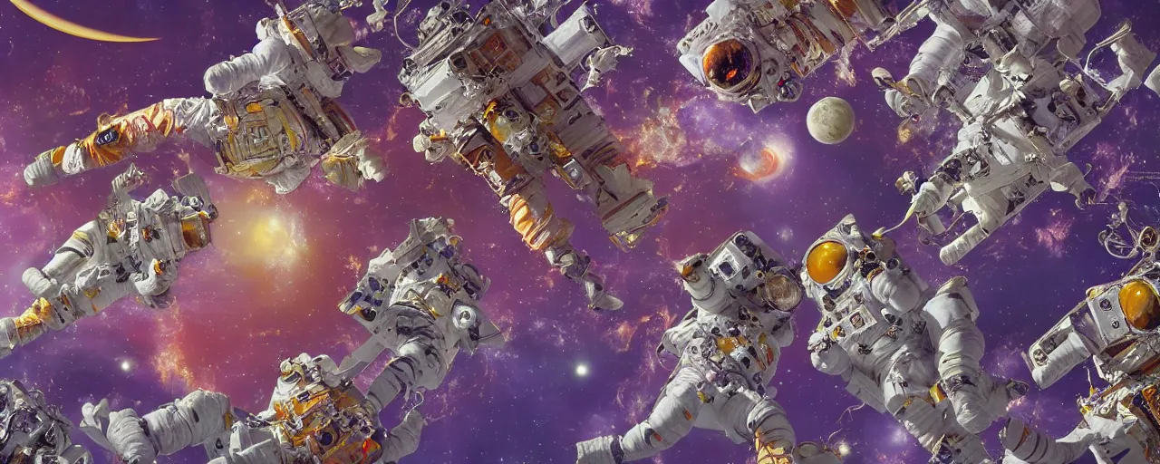 Prompt: hyperdetailed photorealistic elaborate astronauts, seen from the long distance. sci-fi flemish baroque elements. vibrant psychedelic pastel tones. NASA pic. matte background HD 8x