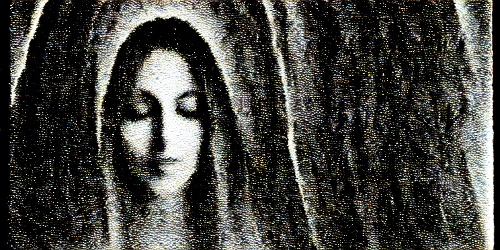 Image similar to vhs static overlay of marian apparition, vhs, 1 9 9 0, highly realistic, highly detailed, vhs noise static, black and white, vhs glitch