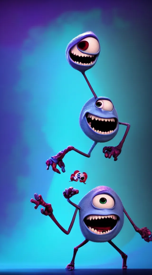 Prompt: a full studio shot of a virus as a pixar character against a dark cyan backdrop. it is cute, evil and adorable.