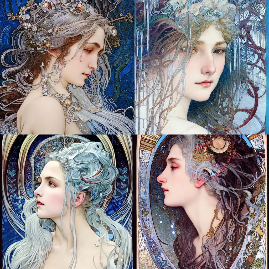 Prompt: realistic detailed face portrait in profile of the goddess of winter, white hair, surrounded by icicles by Alphonse Mucha, Ayami Kojima, Amano, Karol Bak, Greg Hildebrandt, Jean Delville, and Mark Brooks, Art Nouveau, Neo-Gothic, gothic, rich deep moody colors