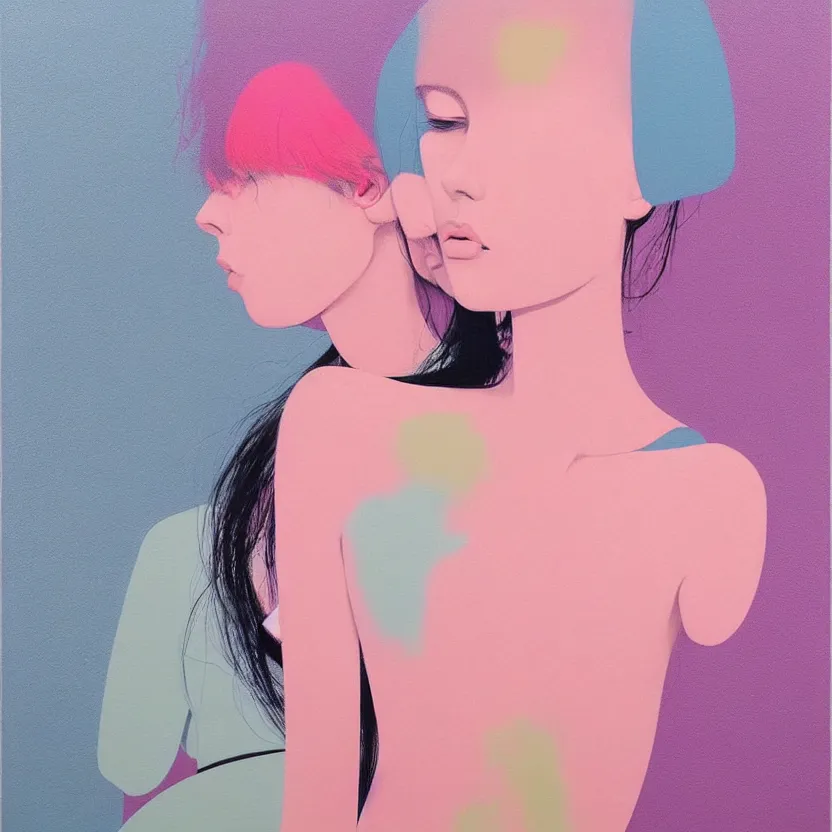 Prompt: pop fine art figurative painting with modern music culture influences by yoshitomo nara in an aesthetically pleasing natural and pastel color tones