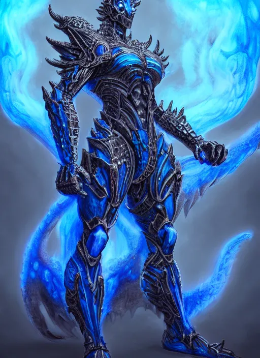 Image similar to muscular and tall blue ghostly fire humanoid dragon!!!! draconian!! intricate ornate iridescent heavy armor!! character concept art, sharp focus, octane render! unreal engine 5! highly rendered!! trending on artstation!! detailed linework!! illustration by artgerm, wlop, and chie yoshii