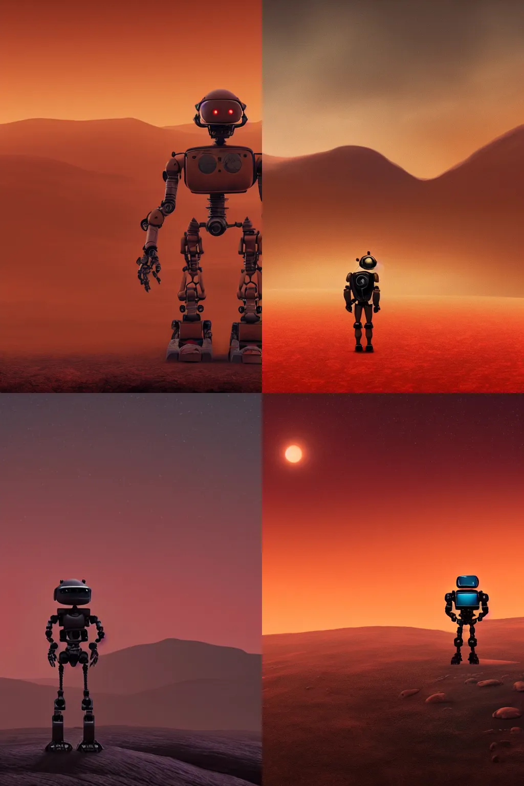 Prompt: photo of a smokey desolate, barren planet, and a bipedal robot exploring the surface, warm color palette, 4k, high quality,
