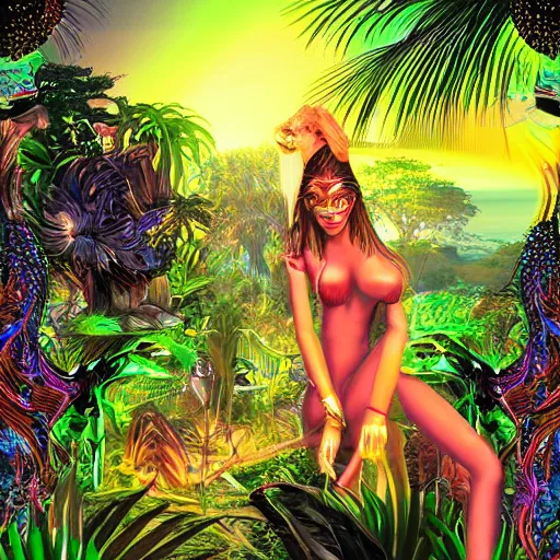 Image similar to Flashy futuristic techno-rave goa goddess with an aureola behind her, at sunset in the jungle, detailed digital art