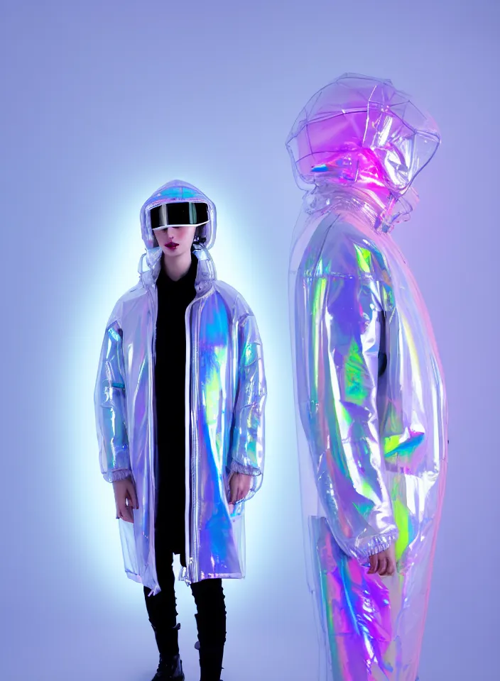 Image similar to an ultra high definition professional studio quality photograph of an artificially intelligent cyberpunk art influencer wearing a transparent iridescent pastel coloured face visor and matching bubbly puffy raincoat on white coat hook in a sheer icelandic black rock environment. three point light. dramatic lighting. volumetric shadows. light rays