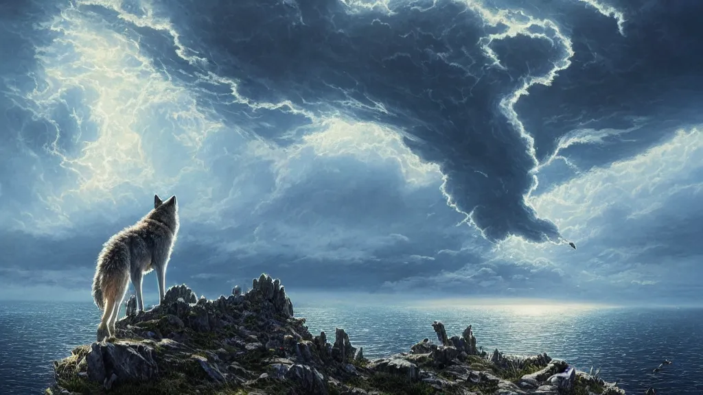 Prompt: A wolf standing on the edge of a grassy cliff looking out towards an underwater nuclear explosion, birds flying away from explosion, mind-bending geometry, explosive shockwaves rippling across sapphire waters below, extreme realism, intricate details, crashing waves, 4k, trending on Artstation, award-winning, dramatic painting, art by Greg Rutkowski, by Studio Ghibli