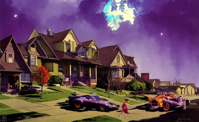 Image similar to a suburban neighborhood with deep green and purple glowing clouds. highly detailed science fiction painting by norman rockwell, frank frazetta, and syd mead. rich colors, high contrast, gloomy atmosphere, dark background. trending on artstation.