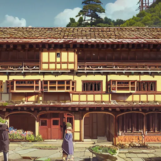Image similar to concept art painting of an english european bakery building with japanese architecture, in a mountain village, cozy, realistic, detailed, cel shaded, in the style of makoto shinkai and greg rutkowski and james gurney