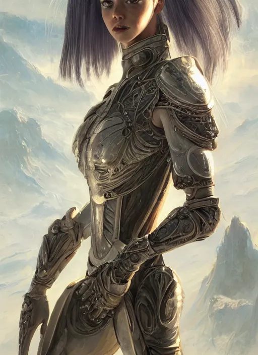 Image similar to a professional painting of a beautiful young female alien, clothed in ethereal armor, olive skin, long dark hair, beautiful bone structure, symmetrical facial features, intricate, elegant, digital painting, concept art, smooth, sharp focus, illustration, from Valerian and the City of a Thousand Planets, by Ruan Jia and Mandy Jurgens and Artgerm and William-Adolphe Bouguerea