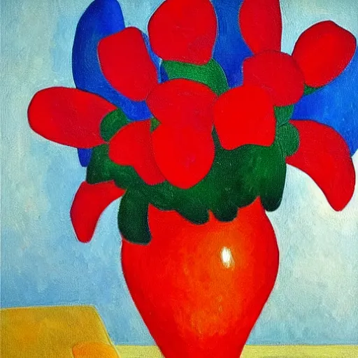 Image similar to a painting of red flowers in a blue vase, a gouache by tarsila do amaral, pinterest contest winner, fauvism, fauvism, oil on canvas, acrylic art