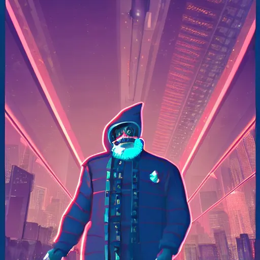 Image similar to cyberpunk santa clause as the leader of a futuristic communist nation, cybernetics, sharp lines, digital, artstation, colored in