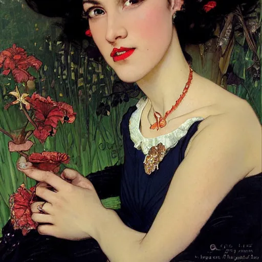 Image similar to portrait of a very beautiful royal fire woman, top half of body, metal crown on head, pensive expression, by Stanley Artgerm Lau, greg rutkowski, thomas kindkade, alphonse mucha, loish, norman rockwell, J. C. Leyendecker. dark black hair, pale skin, detailed eyes, red lips. framed by white flowers. Trending on artstation rule of thirds extremely detailed illustration hd 4k