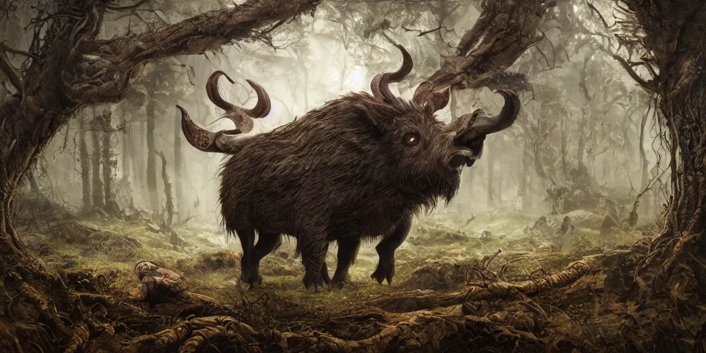 Prompt: giant wild boar god with bloody eyes and many tusks, in dark woods, dim colors, forest, highly detailed illustration, masterpiece, fantasy, magical, hyperdetailed, realistic, witch fairytale, 4 k, 8 k, highly detailed matte painting, dungeons and dragons