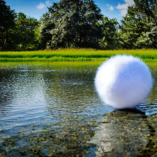 Image similar to a fuzzy orb floating on a pond, calm water, photorealistic, 4 k, detailed