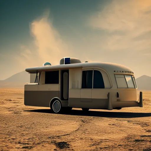 Image similar to a lone retro scifi RV with radio equipment is parked on a desert planet, side-view, redshift render, octane render, unreal engine, but as high contrast photography