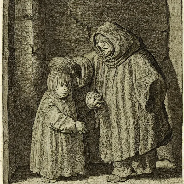 Prompt: a goblin monster and a child in a green hooded cloak, by Hans Holbein the Younger