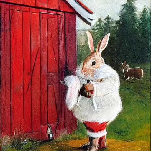 Image similar to a rabbit dressed as santa stands outside a red cottage in the swedish countryside, in the style of anders zorn