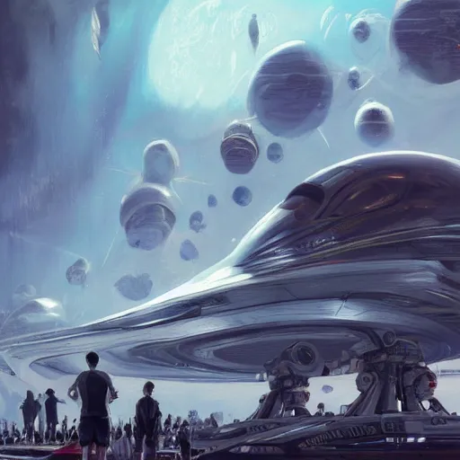 Image similar to thousands of people next to a big spaceship, artstation