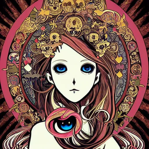 Prompt: anime manga skull portrait woman face flowing hair skeleton illustration style by Alphonse Mucha and Takashi Murakami pop art nouveau