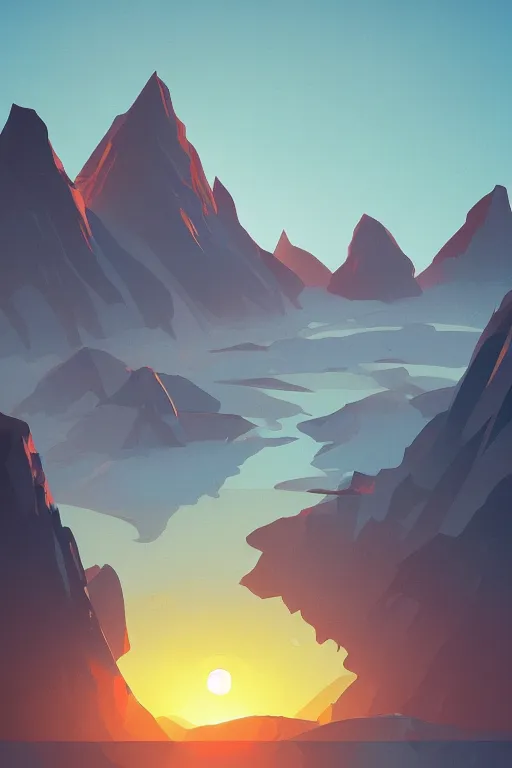 Prompt: sunrise mountain water concept art digital art by james gilleard trending on artstation