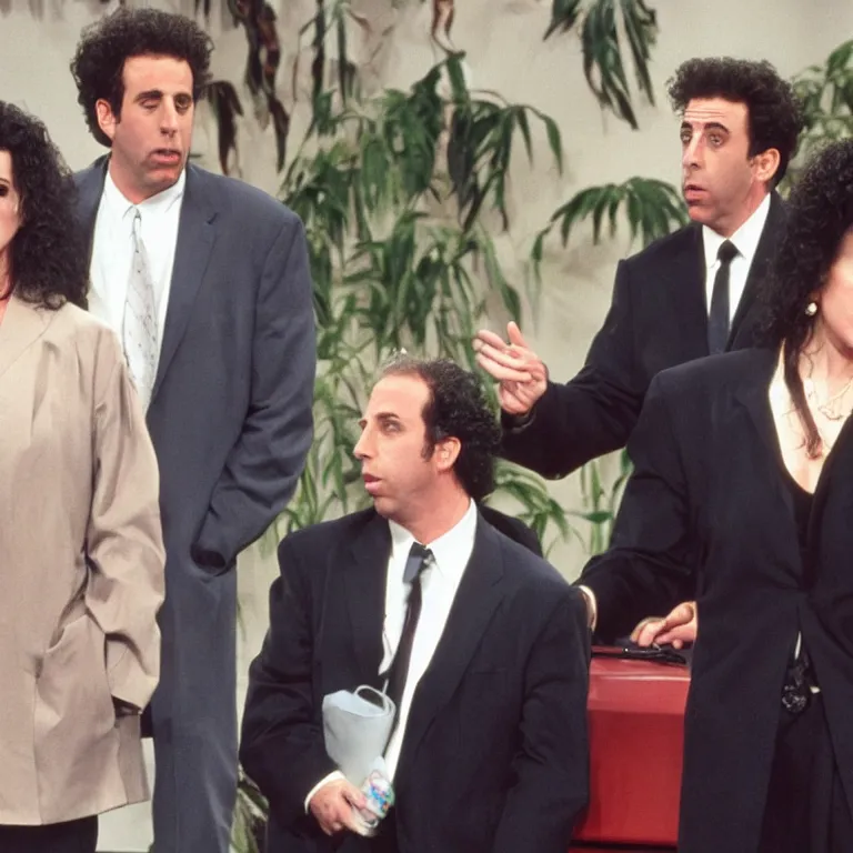 Prompt: Elaine Benes, Jerry Seinfeld, and Kramer at George Costanza's fake funeral, hyper realistic, Photorealistic, high quality