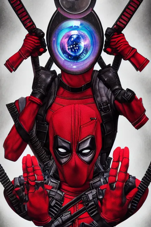 Prompt: cinematic portrait of Deadpool. Centered, uncut, unzoom, symmetry. charachter illustration. Dmt entity manifestation. Surreal render, ultra realistic, zenith view. Made by hakan hisim feat cameron gray and alex grey. Polished. Inspired by patricio clarey, heidi taillefer scifi painter glenn brown. Slightly Decorated with Sacred geometry and fractals. Extremely ornated. artstation, cgsociety, unreal engine, ray tracing, detailed illustration, hd, 4k, digital art, overdetailed art. Intricate omnious visionary concept art, shamanic arts ayahuasca trip illustration. Extremely psychedelic. Dslr, tiltshift, dof. 64megapixel. complementing colors. Remixed by lyzergium.art feat binx.ly and machine.delusions. zerg aesthetics. Trending on artstation, deviantart,