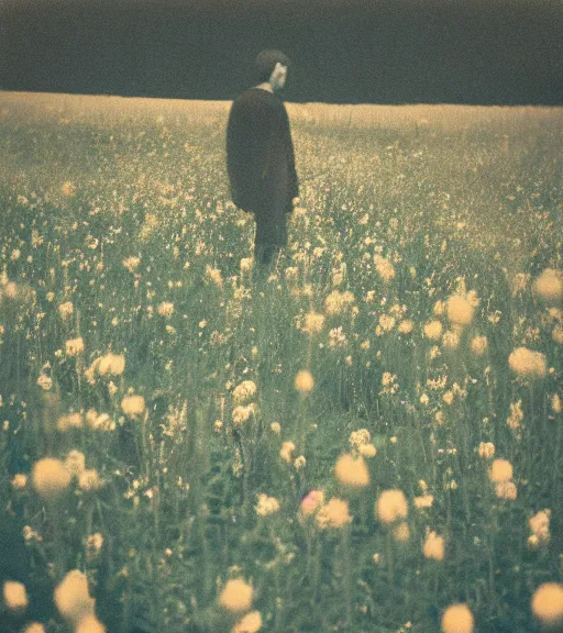 Image similar to mystical death god standing in tall meadow of flowers, distant, vintage film photo, grainy, high detail, high resolution