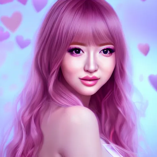 Image similar to beautiful hyperrealism hyperdetailed portrait of nikki from shining nikki dress - up game, a cute young woman, light pink hair, long hair with full bangs, full heart - shaped face, amber eyes, pale skin, light blush, chinese heritage,, smiling softly, golden hour, soft focus, 8 k,