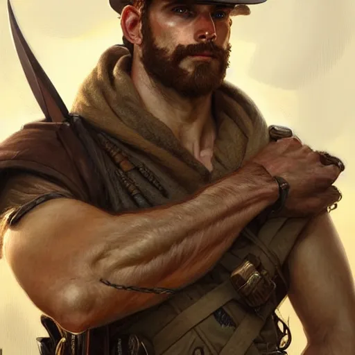 Prompt: Portrait of rugged male ranger, D&D, amber eyes, face muscular, fantasy, intricate, elegant, highly detailed, digital painting, artstation, concept art, smooth, sharp focus, illustration, art by artgerm and greg rutkowski and alphonse mucha
