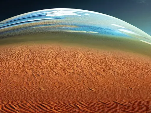 Image similar to A hyper detailed 3d render like a Oil painting of Terraforming Jezero Crater, a research outpost, levitating agricultural sphere, flora-lush-crater, Martian sands background, aesthetic, high-contrast, smooth, sharp focus, highly-detailed, unreal engine, by Greg Rutkowski, Chris Tulloch McCabe and Asher Duran,