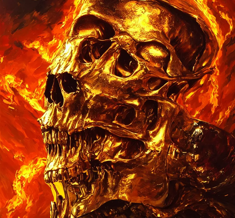 Image similar to gold terminator skull on flaming town, acrilic paint, brush paint, heavenly atmosphere, paint, ultra detailed, beautiful image, resolution, artstation