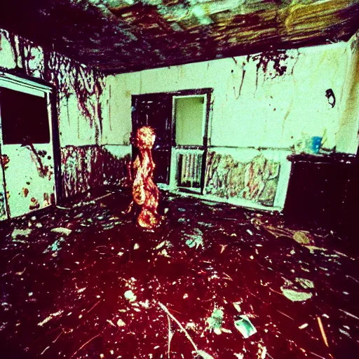 Prompt: 1 9 9 3, disposable camera, flash, old abandoned house, creature, standing, meat, ooze, slime, veins, wet