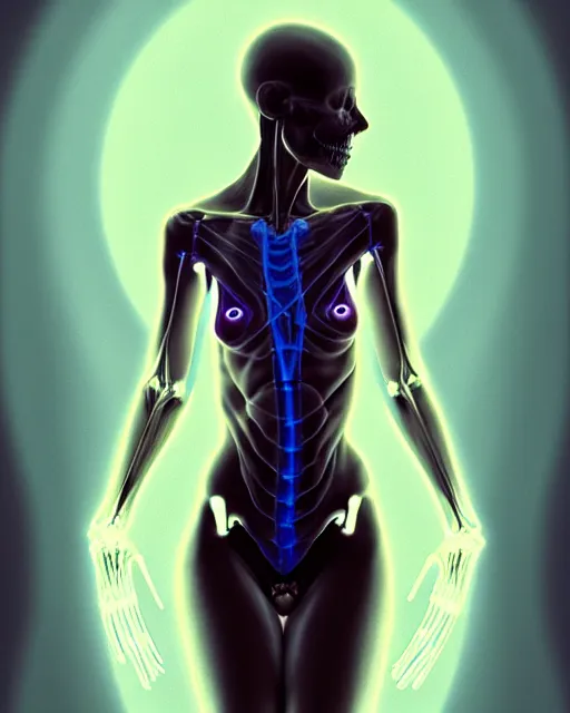 Image similar to female posing sensual figure x - ray, skeletal, glowing veins under translucent skin, highly detailed skin, bioluminescent, plasma, greg rutkowski, 8 k trending on artstation