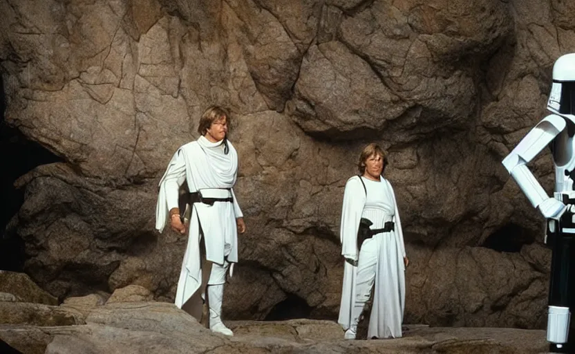 Image similar to screenshot portrait shot of Luke skywalker, played by mark hammill, he hold a lightsaber, facing off against a female sith lord woman in white, outside the rocky Jedi Temple, scene from The Lost Jedi Star Wars film made in 1980, directed by Stanley Kubrick, serene, iconic scene, hazy atmosphere, stunning cinematography, hyper-detailed, sharp, anamorphic lenses, kodak color film, 4k