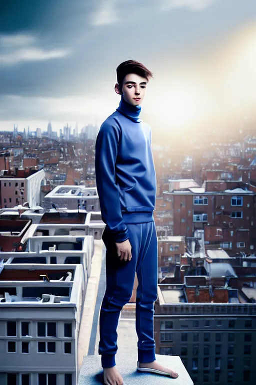 Image similar to un ultra high definition studio quality photographic art portrait of a young man standing on the rooftop of a british apartment building wearing soft padded silver pearlescent clothing. three point light. extremely detailed. golden ratio, ray tracing, volumetric light, shallow depth of field. set dressed.