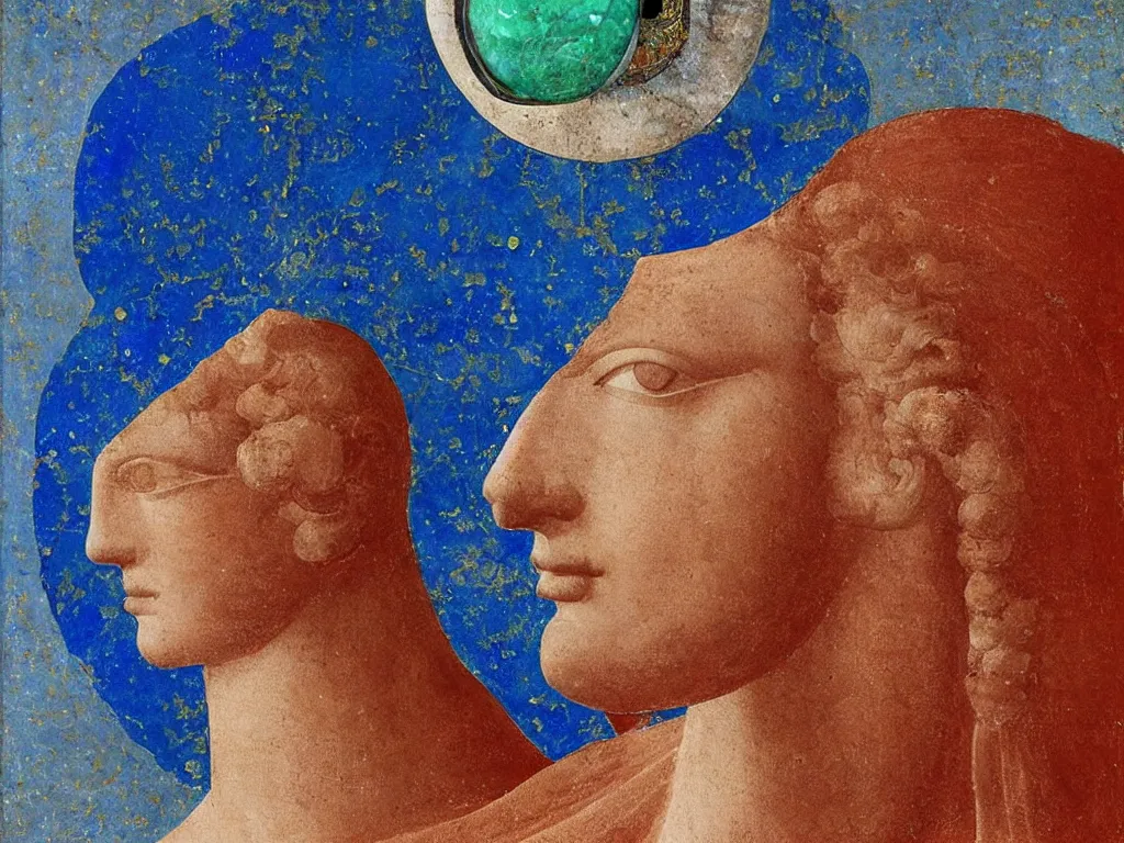 Prompt: marble greek sculpture head of the sun god with inlaid crystal eye. lapis - lazuli, turquoise, malachite, cinnabar, earth brown. painting by piero della francesca, balthus, agnes pelton