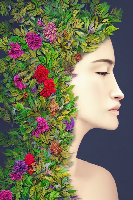 Prompt: a womans face in profile, made of flowers and leaves, hyperrealistic still life portrait of a mind exploding inside of a serene temple, beautiful plans, sacred geometry, light refracting through prisms in a tesseract, fine art with subtle redshift rendering, by carvaggio