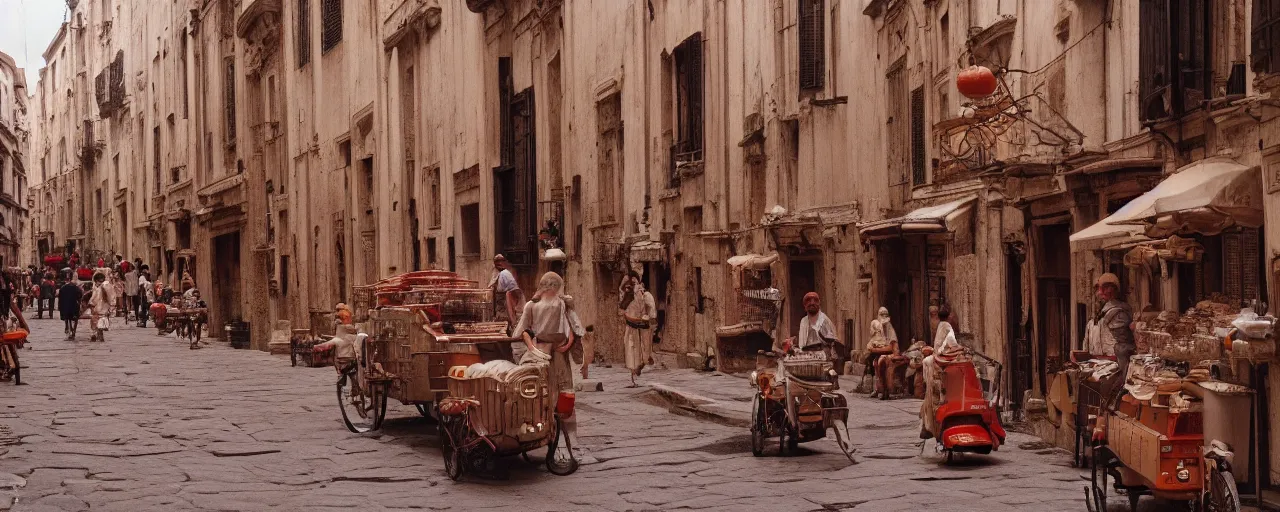 Image similar to wide shot of spaghetti in ancient roman streets and, sigma 8 0 mm, cinematic lighting, photography, wes anderson, kodachrome