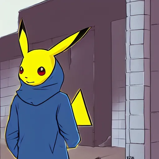 Image similar to A real life pikachu buying drugs from a random dude in a hoodie in an alley, photorealistic art