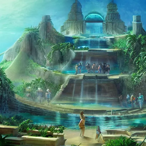 Image similar to Atlantis, the secret lost city, ancient tropical city, concept art