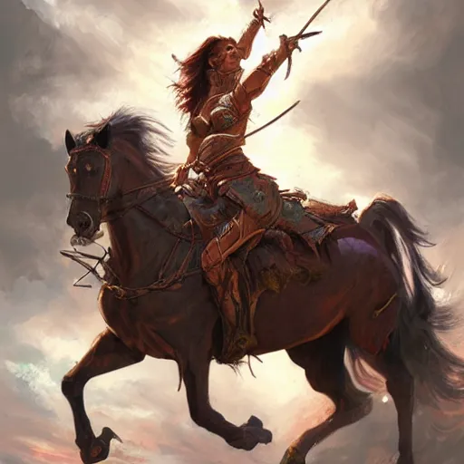 Image similar to Warrior woman riding a horse, dramatic oil painting, 4k, highly detailed, by WLOP, by Dan Mumford, by Yoshitaka Amano, digital art, trending on artstation, volumetrics