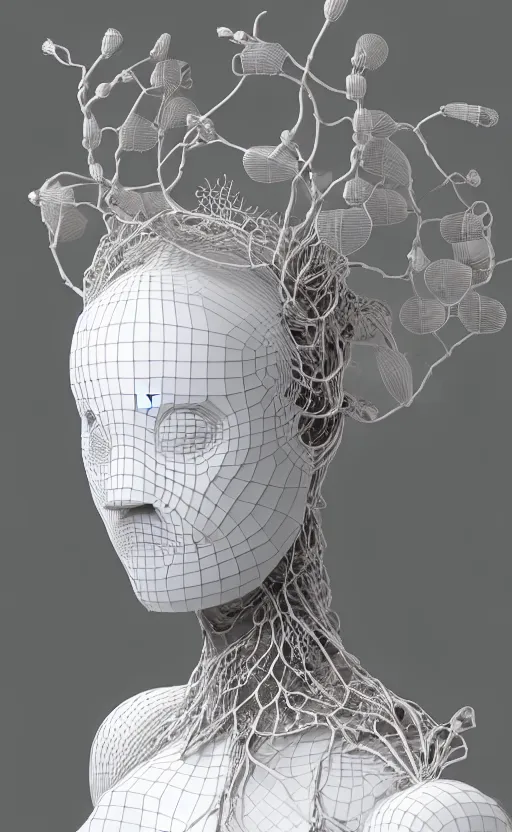 Image similar to complex 3d render of a beautiful porcelain profile woman face, vegetal dragon cyborg, 150 mm, beautiful natural soft light, rim light, silver details, magnolia leaves and stems, roots, fine lace, maze like, mandelbot fractal, anatomical, facial muscles, cable wires, microchip, elegant, highly detailed, white metallic armour, octane render, black and white, H.R. Giger style