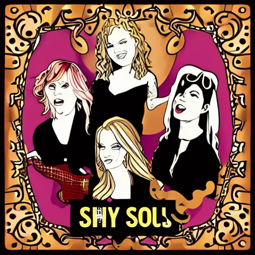 Prompt: illustration of a pop rock music group named'shiny souls'with two woman singers with blonde hair and one woman singer with brown curly hair, digital art