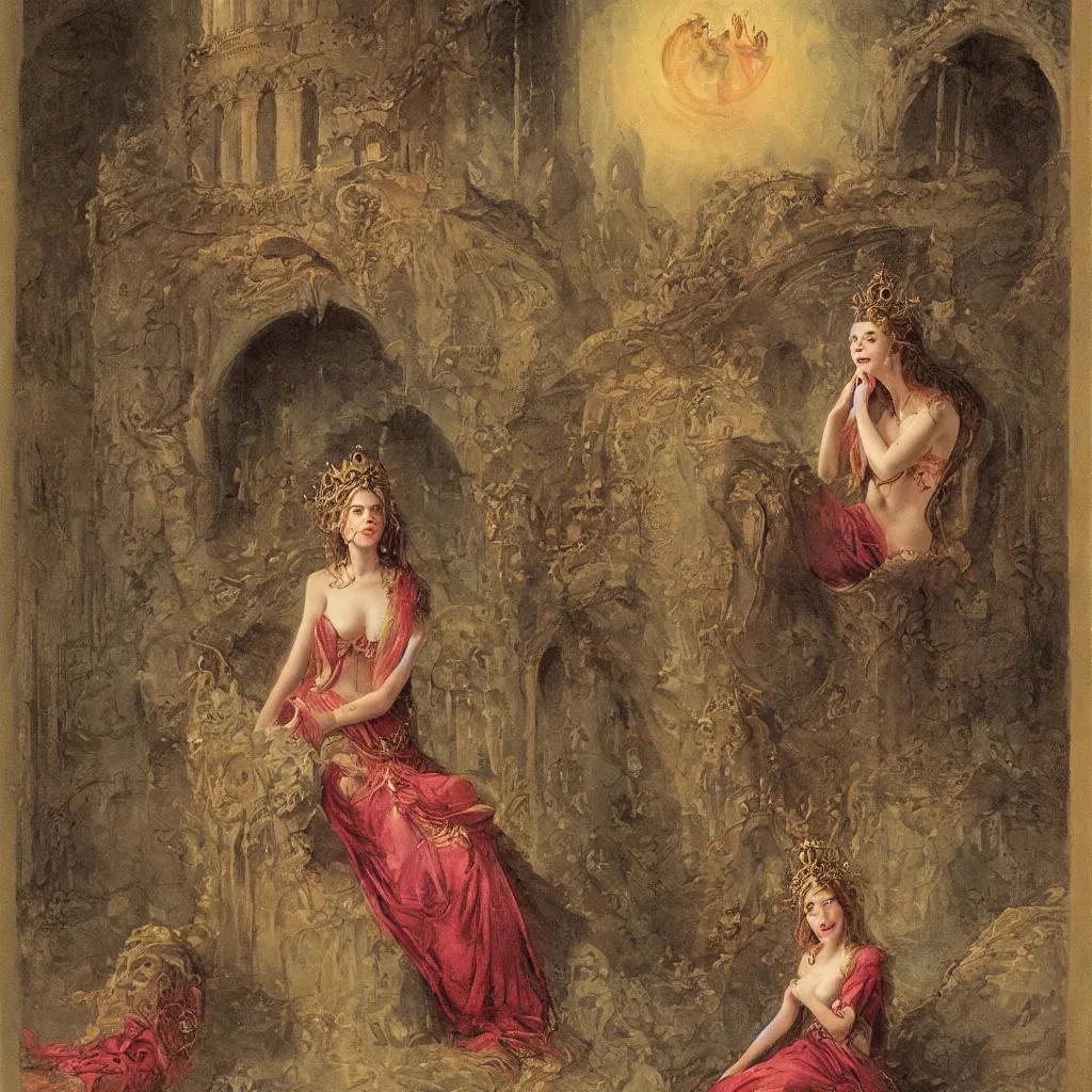 Image similar to a portrait of the goddess of love sitting on her throne inside her castle, fantasy illustration